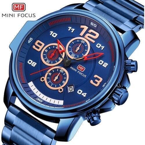 Brand Men Watches MINIFOCUS Stainless Steel Black Fashion Sport Waterproof Quartz Men Wrist Watch Second Minute Subdial Calendar