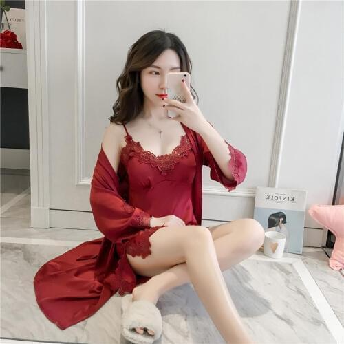 Summer Sexy Nighty&robe Set Lace Embroidery Sleepwear Kimono Nightgown Womens Home Clothes Chinese Style Bride Wedding Robe