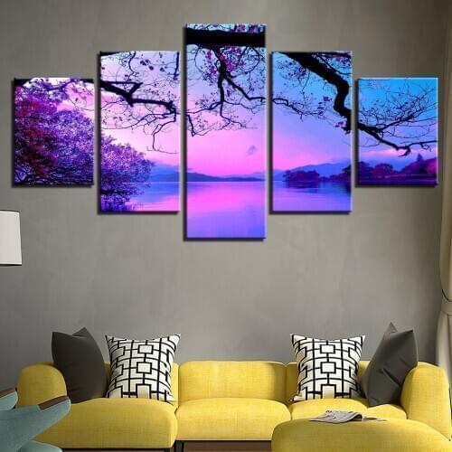 New Diamond Embroidery 5 Pieces Purple Sunset Trees Lake Landscape 5D DIY Diamond Painting Full square Rhinestone painting Decor