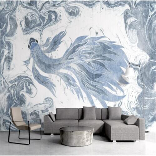 Custom 3 d Modern Wallpaper Desktop 3d Home Wallpaper Hd Texture Blue Wallpaper for Walls Watercolor Goldfish Elegant Room Decor