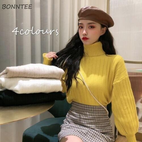Pullovers Women Solid Yellow Lantern Sleeve Korean Style Elegant Sweet Kawaii Girls Elastic Vintage Design Slim Streetwear Warm