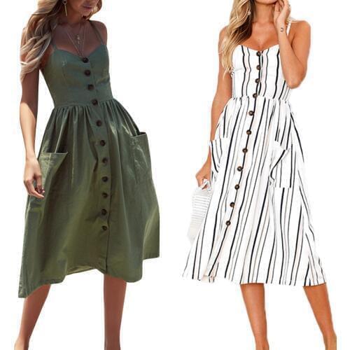 2019 Year Casual Vintage Sundress Women Summer Dress Boho Sexy Dress Midi Button Backless Polka Dot Striped Floral Beach Dress