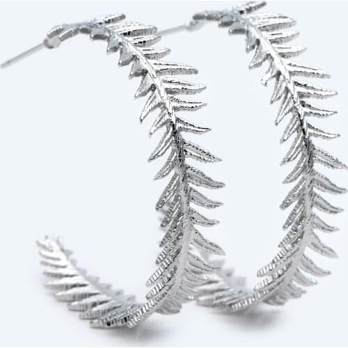 4pcs Silver Tone Feather Earring Studs 34mm, Rhodium Plated Brass, Round Circle Leaf Earring (GB-1050-2)