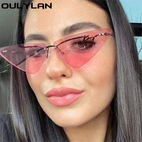 Oulylan Metal Triangle Cat Eye Sunglasses for Women 2021 Trendy Ocean Piece Frameless Sun Glasses Ins Popular Style Pink Eyewear