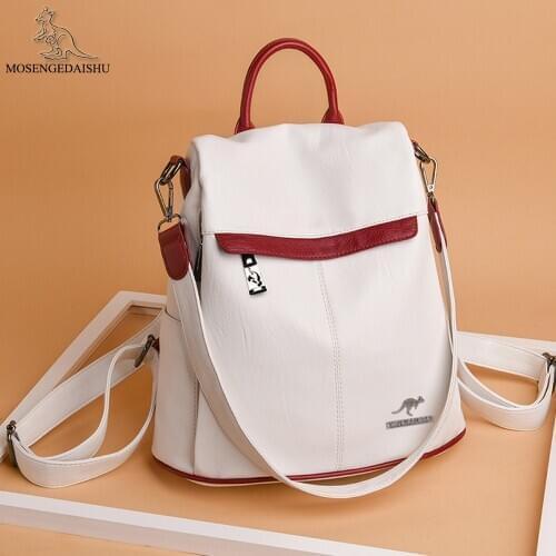 Contrast Color Women Backpack Multifunction Anti-theft Book Bag Designer Simple Backpack Lady Real Leather Shoulder Bag Mochila