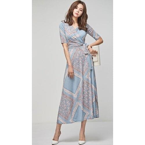Summer Print Long Office OL Dress Vintage Floral Lace UP Half Sleeve Maxi High Waist Dress Fashion Korean Sexy V Neck Dressss