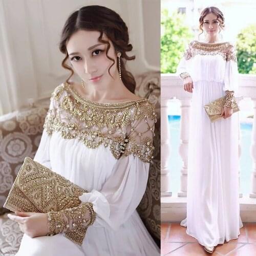 Womens Luxury Fashion Show Retro Dress Metal Beaded Rivet Pleated Dress Chiffon Islamic Muslim Long Sleeve Dress 2021 New