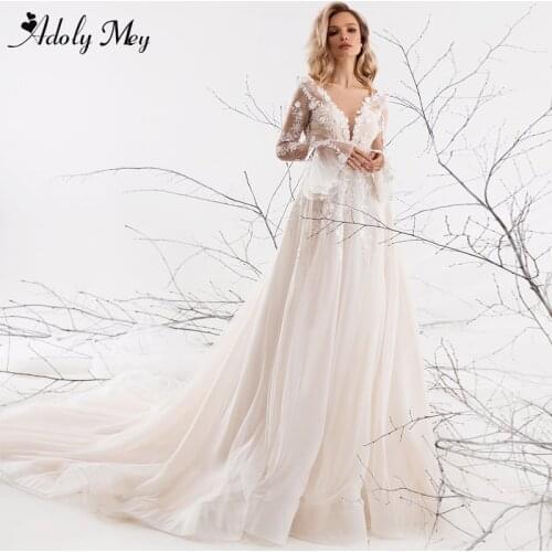 Adoly Mey Elegant Scoop Neck Long Sleeve A-Line Wedding Dress Luxury Beaded Flowers Appliques Sparkly Tulle Princess Bridal Gown