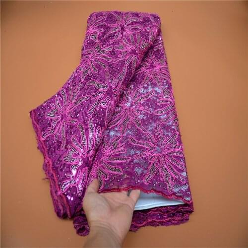 Sequined African Lace Fabric 2021 Embroidery High Quality Purple Nigeria French Tulle Lace Fabric Lace FLP-1173