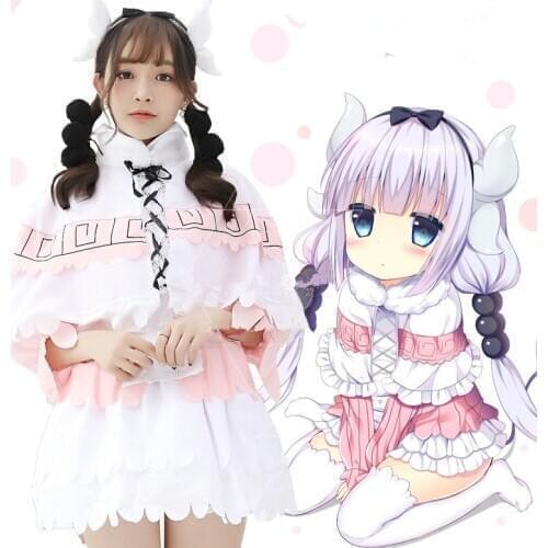 Anime Miss Kobayashis Dragon Maid Kanna Kamui Cosplay Halloween Costumes for Women Lolita Dress Uniform + Wig+ Stockings