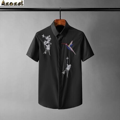Azazel Birdie Embroidery Mens Shirts Luxury Short Sleeve Casual Black White Man Shirts Plus Size 4xl Slim Fit Party Male Shirts