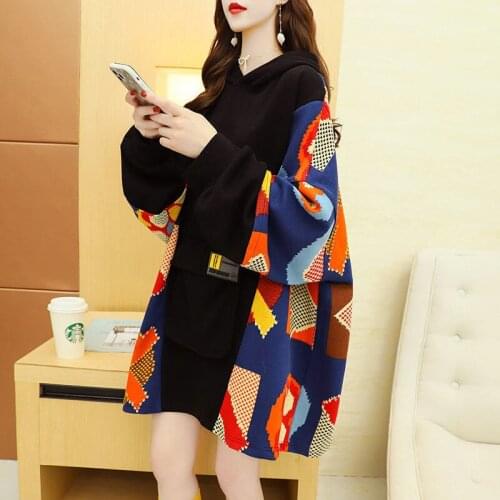 Large size printing geometry in long wei dress women ins autumn/winter Korean version of loose and fleeces stitching hoodie