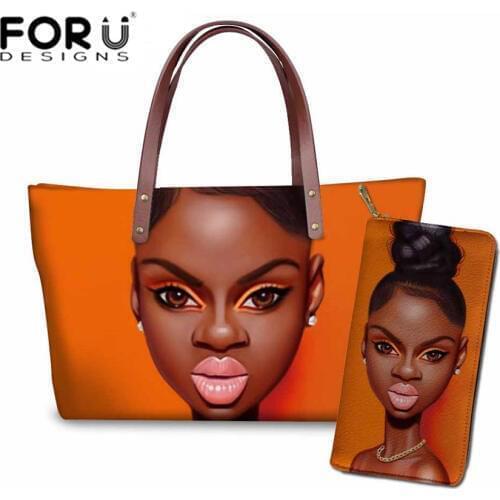 FORUDESIGNS Travel Handbags for Women Black Art African Girls Printing Beach Tote Bag Ladies 2pcs/set Hand Bag&Purse Sac A Main