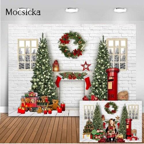 Christmas Fireplace Photography Backdrop White Brick Wall Toys Gifts Newborn Kids Portrait Photo Background Holiday Decorations