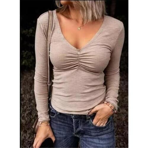 V Neck T Shirt Long Sleeve Tops Tee Shirts Women Clothes 2021 Spring Autumn T-shirt Casual Slim Solid Top For Woman Button Tee