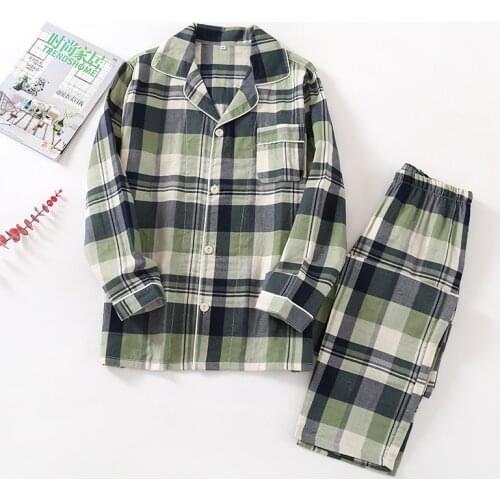 Men and Women Cotton Double-Layer Gauze Long-Sleeved Pajamas Plaid Printing Home Clothes 2 Piece Couple Sleepwear Thin Pijama