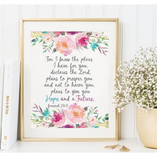 Bible Verse Jeremiah 29:11 Scripture Christian Wall Art Posters Prints Watercolor Flowers Canvas Painting Pictures Home Decor