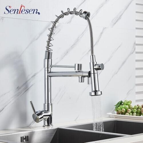 Senlesen Chrome Kitchen Faucet Spring Tap Dual Sprayers Swivel Spouts Vessel Sink Mixer Tap Brass