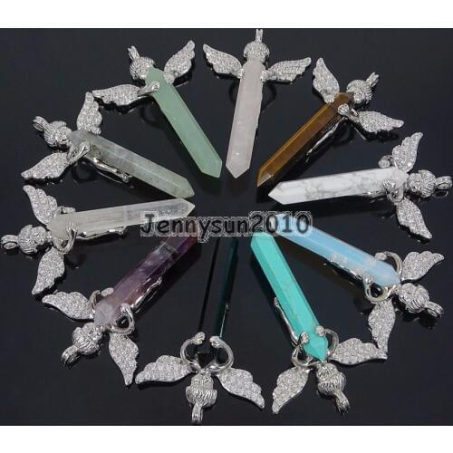 Natural Gems Stone Reiki Chakra Angel Wing Hexagonal Pendant Charm Beads Silver Plated Jewelry Design 10Pcs/Pack