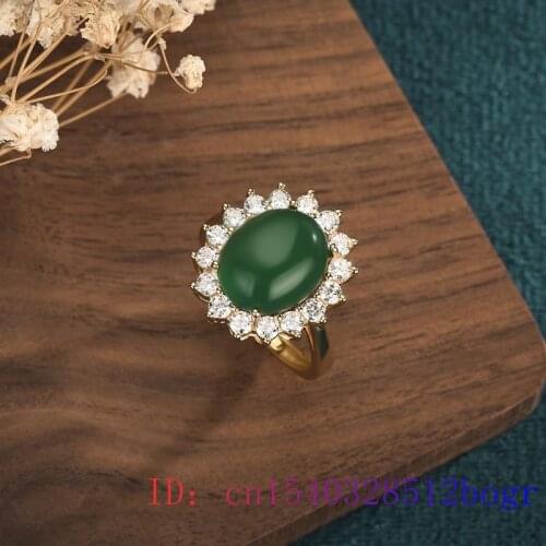 Green Jade Ring Zircon Gemstone Natural 925 Silver Chalcedony Crystal Gifts Men Women Jewelry Charm Amulet Fashion