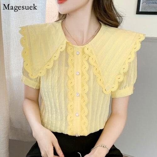Peter Pan Collar Lace Shirts For Women Clothing 2021 Summer Loose Chiffon Blouse Female Slim Korean Sweet Puff Sleeve Tops 15219