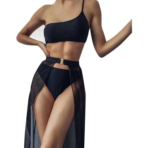 Three Piece Swimsuit Women One shoulder Beach Solid Color Bikini set with beach cover dress Swim Suit Swimsuit Beachwear Biquini