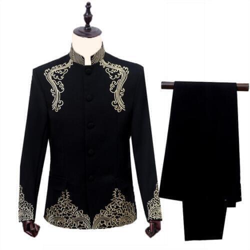M-xxl Chinese Style Dress Printing Suits Stand Collar Stage Costumes Take Pictures Clothing Groom Wedding Dress Singer Costumes