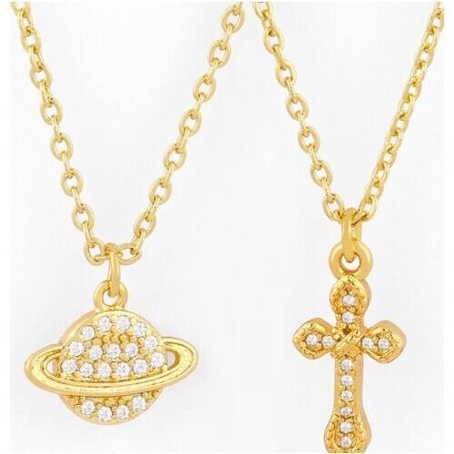 Cross moon micro pave cz zircon cubic zirconia necklace copper Clavicle gold plated Snake Chain Choker Pendant g34