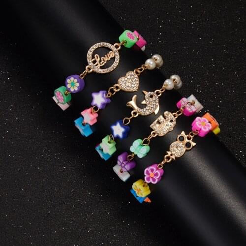 Cute Rhinestone Owl Butterfly Pendant Bracelet Colorful Polymer Clay Flower Shape Beads Beaded Bracelet For Women Girls Jewelry