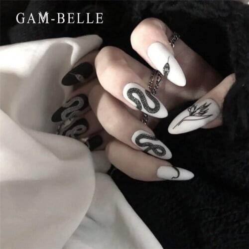 GAM-BELLE 24Pcs Gothic Matte Fake Nails Punk Snake Long Oval False Nails Extensions Press On Nails Full Manicure Beauty Tools