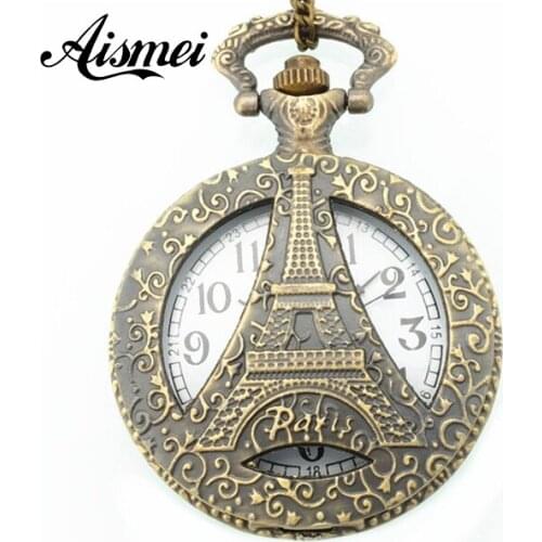 New 2018 Bronze Eiffel Tower Pocket Watch With Chain relogio de bolso Retro necklace Pocket watch 5pcs/lot