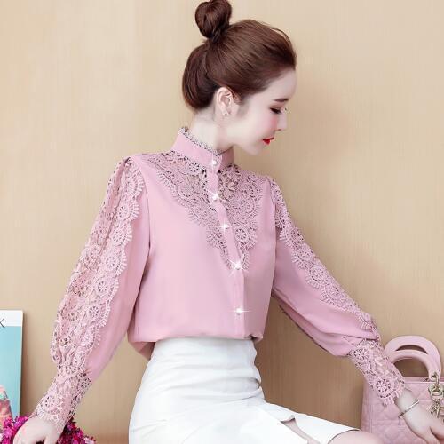 2020 new lace stand collar hollow stitching shirt Korean version sweet crochet hollow long sleeve chiffon shirt