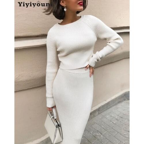 Yiyiyouni Casual Knitted Sweater and Skirt 2 Piece Set Women Slim Knitted Cashmere Pullover and Midi Skirt Set Lady Outfits Suit