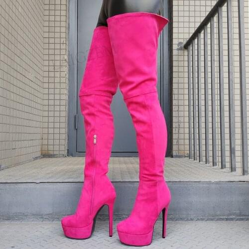 BERZIMER Women Thigh High Platform Boots Faux Suede Stiletto High Heels Boots Crotch High Shoes Woman Plus Size 39 41 44 50 52