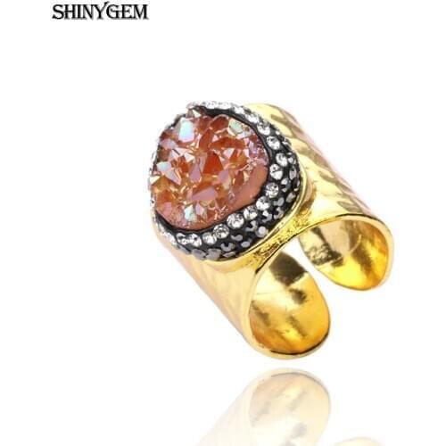 ShinyGem Fashion Exaggerated Gold Rings Big Natural Druzy Crystal Stone Inlay Zircon Adjustable Luxury Wedding Rings For Women