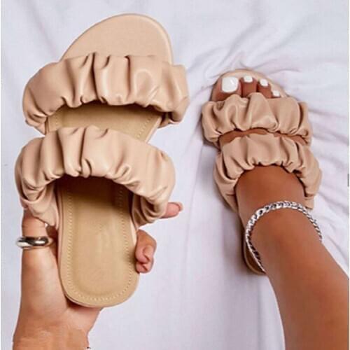 Women Pleated Slippers Summer Female Solid Flats Womens Casual Open Toe Slides Woman Outdoor Shoes Ladies Footwear Big Size 43