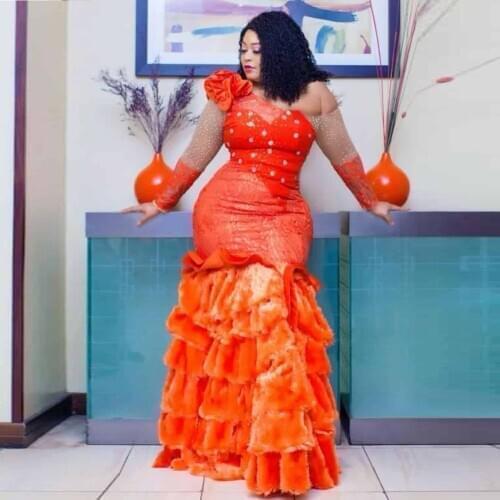 Orange Mermaid Plus Size Evening Gowns Sexy Off The Shoulder Sheer Long Sleeves Prom Dresses Aso Ebi African Robe Party Dress