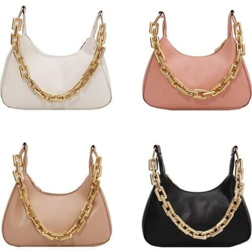 Womens Bag Vintage Women PU Leather Hobos Shoulder Underarm Bag Casual Ladies Solid Color Thick Chain Small Purse Handbags