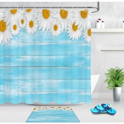 White Flowers Blue Wooden Board Shower Curtain Home Decor Bathing Floor Carpet Polyester Fabric Bathroom Curtain with Hooks
