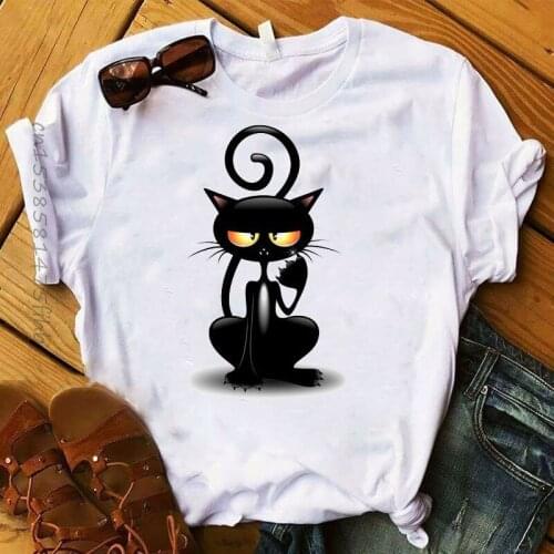 Premium Cartooon Balck Cat Print Women Tshirt Summer Harajuku Short Sleeve T Shirts Funny Casual Woman Tops Halloween Shirts