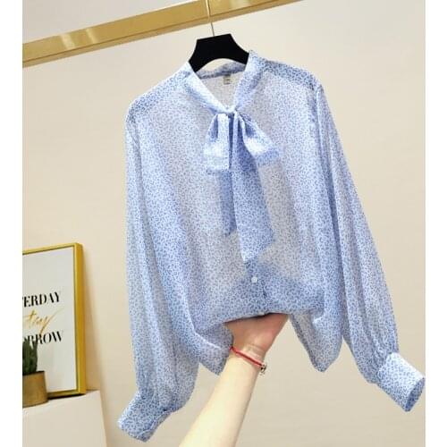 Leopard Print Blue Shirt for Women 2021 New Ladies Tops Fashion Sash Bow Collar Bright Silk Lantern Sleeve Button Up Shirt