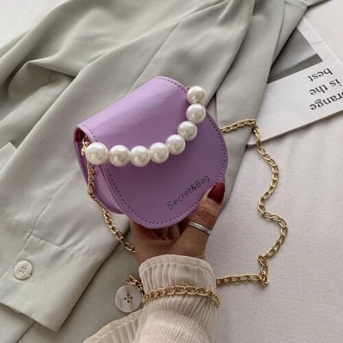 Qyahlybz band chain pearl womens leather purple crossbody saddle bag small luxury designer handbag mini ladies shoulder bag