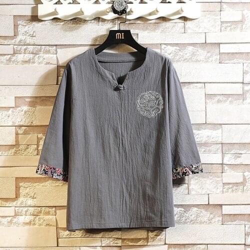 Chinese Style Tops Linen T-Shirt MenS Summer Short-Sleeved Tang Shirt Loose Embroidery T-Shirt Japanese Kimono Men New 31162