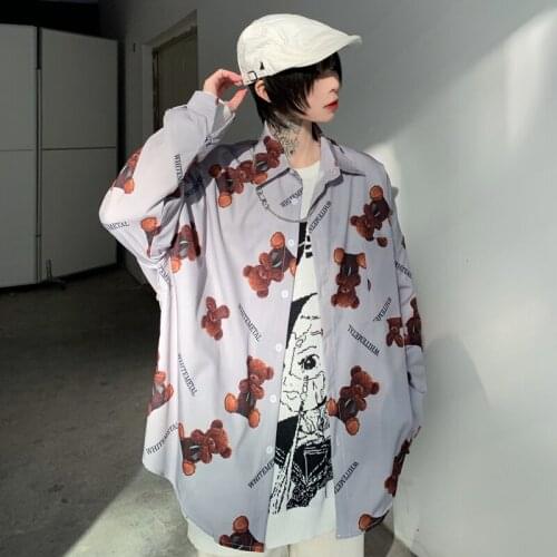 Womens Long Sleeve Shirts for 2021 Fashion Trends Bears Printed Streetwear Clothes Ladies Oversized Boyfriend Button Up Blouses