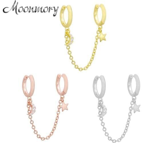 Moonmory 925 Sterling Silver Two Circle Hoops Huggies Earring For Women Moon And Star Double Huggies Safety Earring Hoops