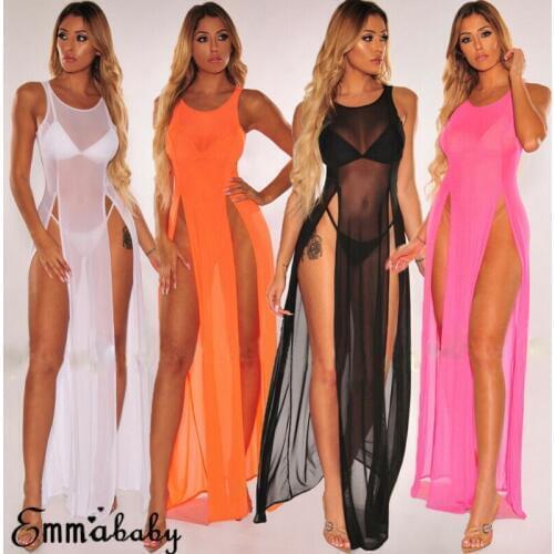 2019 One Piece Womens Bikini Swimsuit Cover up Silk Summer Beach Wear Mesh Sheer Long Split Dress Summer Bathing Suit Hot