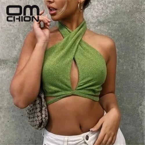 OMCHION Cross Necked Vest Style Womens Sexy Tie Rope Hollow Out Sweater Vest Casual Backless Knit Crop Top 2021 Female Top BT59
