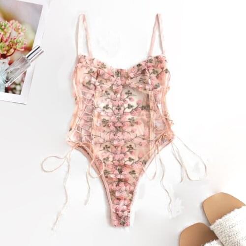 Women Lingerie Sexy Underwear Corset Lace Mesh Sleepwear Nightwear Embroidered Strap One-piece Sexy Pajamas