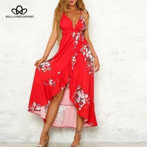 Bella Philosophy 2018 Spring Women Sexy Ankle Length Dress Halter V Neck Sashes Shirt Dress Print Floral Spaghetti Strap Dress