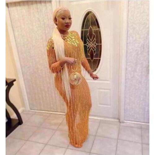 Gold Rhinestone Fringes Mirrors Mesh Transparent Long Dress Lady Prom Evening Outfit Birthday Party Dresses Singer Show Wear